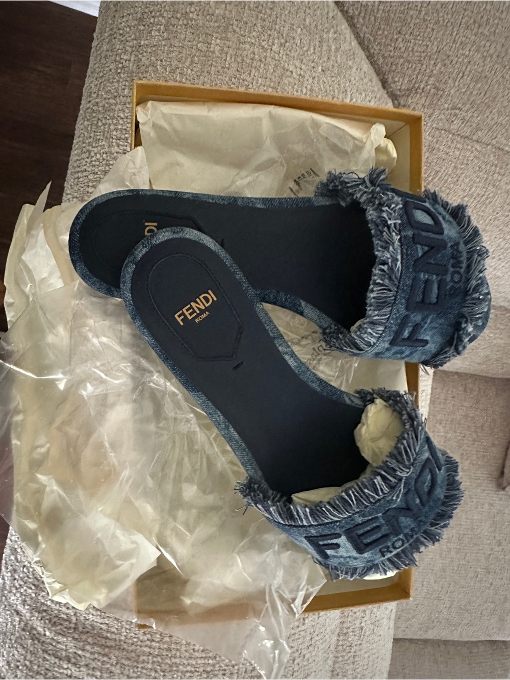 Fendi Frayed Denim Logo Slide Sandals - Dark Blue - Picture 5 of 6